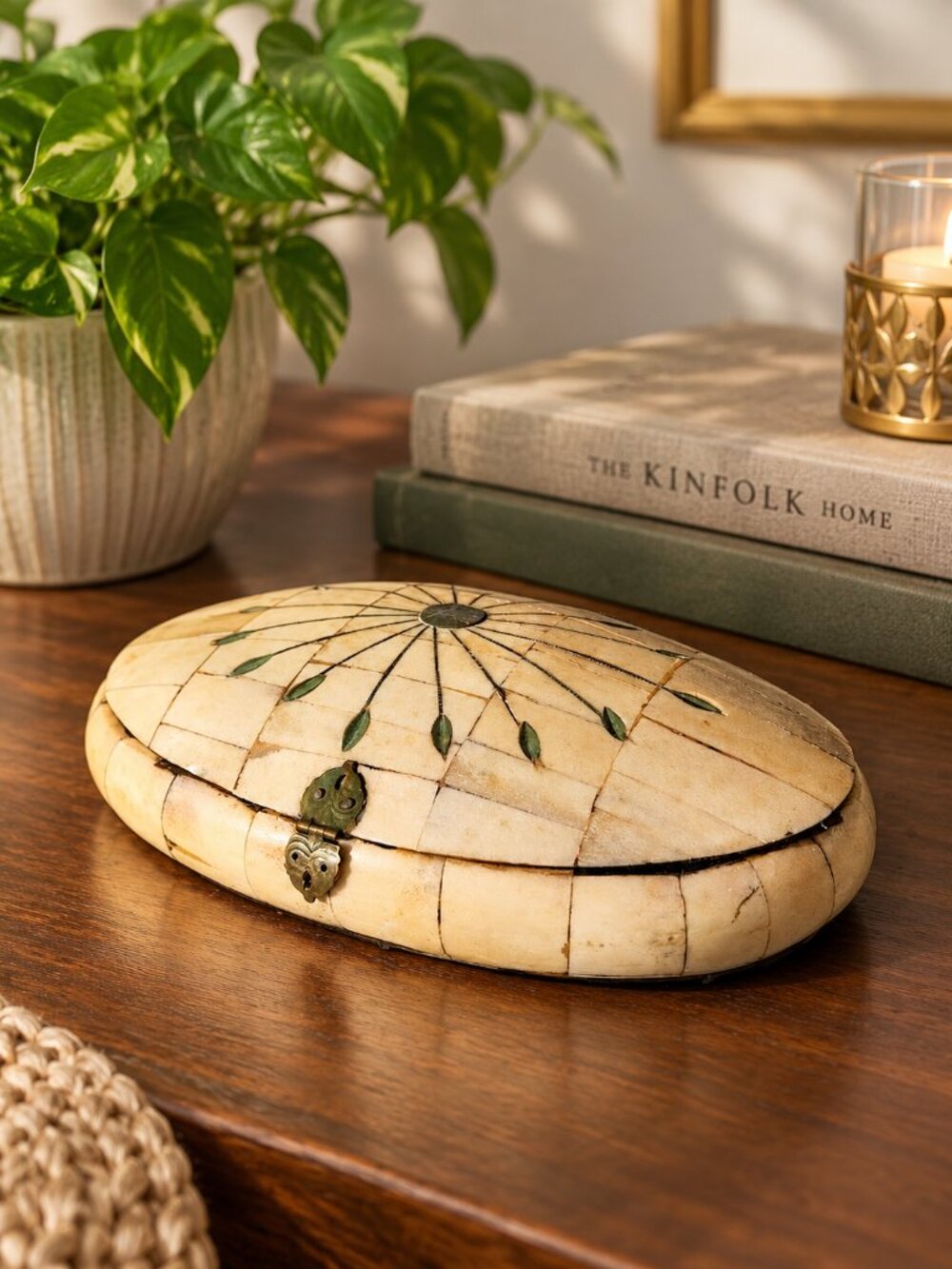 LARGE 9.5" Vintage Handcrafted Brass Inlay Oval Trinket Box Jewelry Box Storage